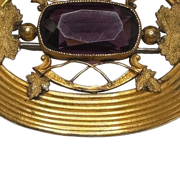Art Nouveau Sash Pin Brooch Autumn Leaf design Amethyst Glass George L Paine Co - Picture 5 of 16